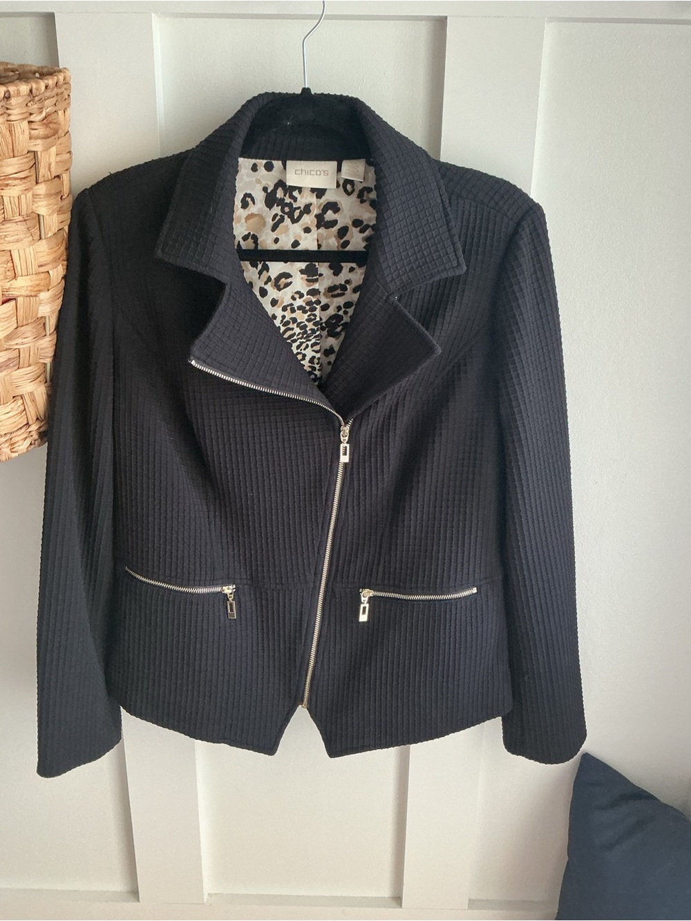 Chico's Black Textured Asymmetrical Zip Jacket